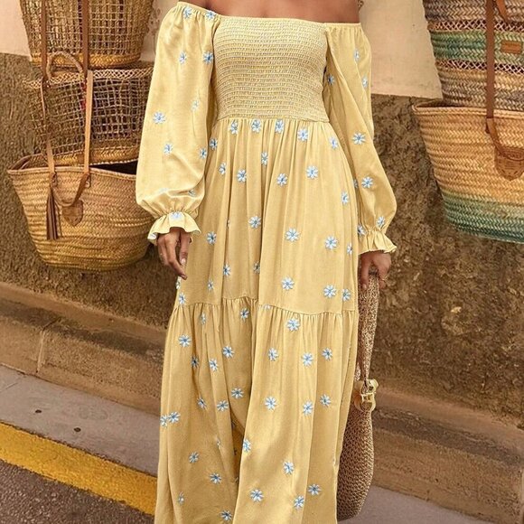 Yellow Boho Women's Long Sleeve Dress - Picture 5 of 6